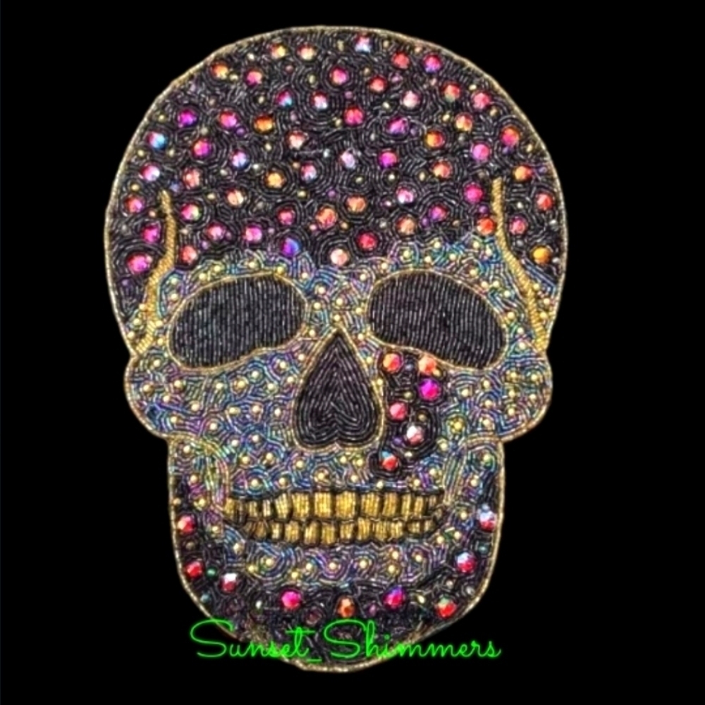 4pc Tahari 15" Halloween Sparkly Jeweled Beaded Skull Placemat Charger Set NEW